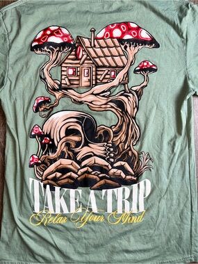 RGSTR shirt large Mushroom tree house “Take a trip relax your mind” psychedelic